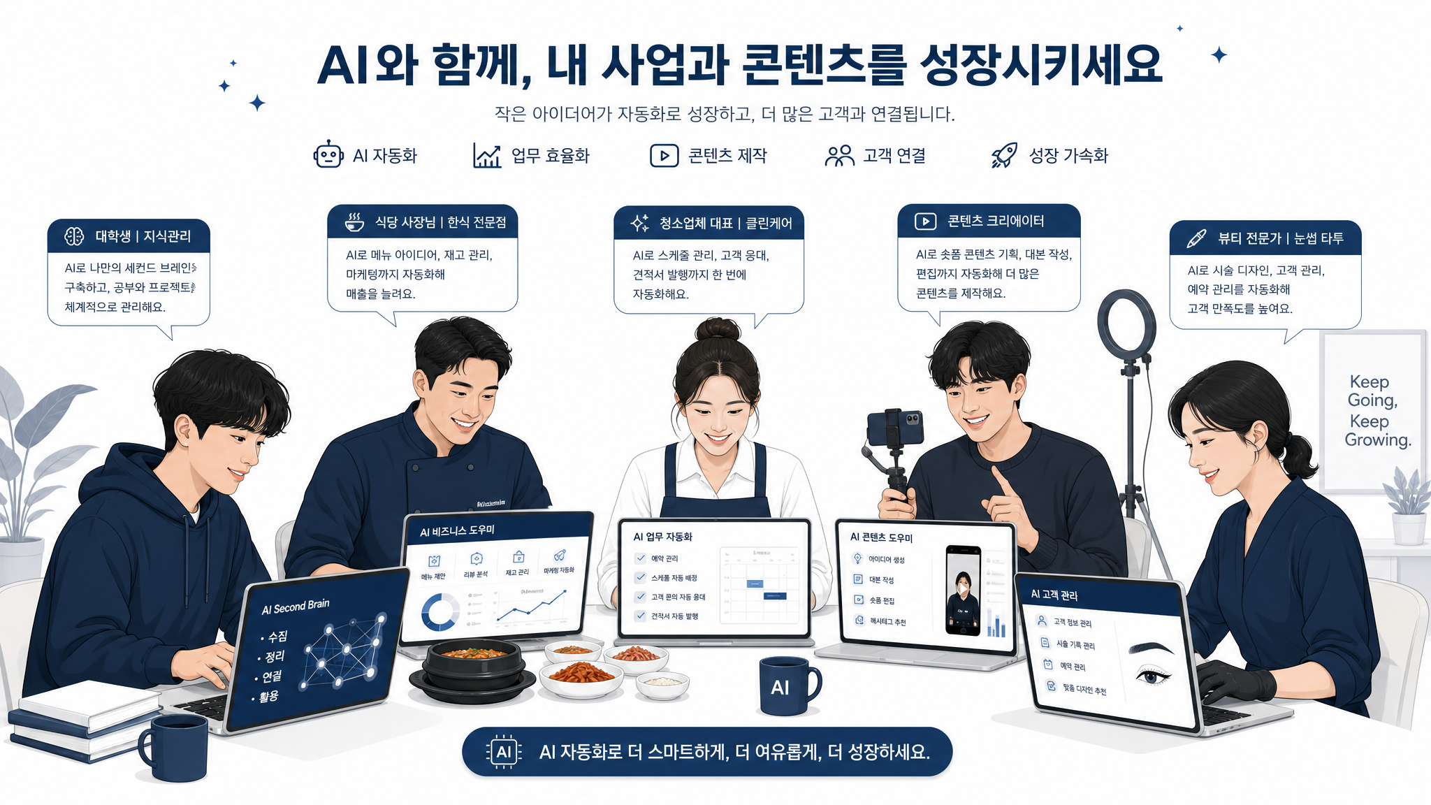 다양한 직군의 범놀이터 멤버들이 AI로 함께 작업하는 모습 일러스트